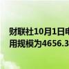 财联社10月1日电，周一美联储隔夜逆回购协议（RRP）使用规模为4656.38亿美元。