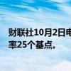 财联社10月2日电，花旗预计欧洲央行将在10月下调政策利率25个基点。