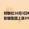 财联社10月3日电，日股日经指数扩大涨幅，上涨 2.65%；软银集团上涨3%。