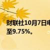 财联社10月7日电，乌干达中央银行将其关键贷款利率下调至9.75%。