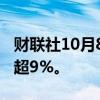 财联社10月8日电，恒生科技指数跌幅扩大至超9%。