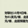 财联社10月9日电，EIA短期能源展望报告预计2024年布伦特原油价格为81美元/桶，此前预期为83美元/桶。预计2025年布伦特价格为78美元/桶，此前预期为