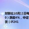 财联社10月11日电，股指期货跌幅扩大，中证1000股指期货（IM2410）跌超4%，中证500股指期货（IC2410）跌近4%，沪深300股指期货（IF241