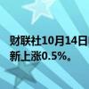 财联社10月14日电，欧洲斯托克600指数升至盘中高点，最新上涨0.5%。