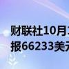 财联社10月14日电，比特币日内涨幅达6％，报66233美元。