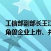 工信部副部长王江平：加大对独角兽企业的金融支持 支持独角兽企业上市、并购、重组等