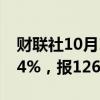 财联社10月15日电，玻璃期货主力合约涨超4%，报1263元/吨。